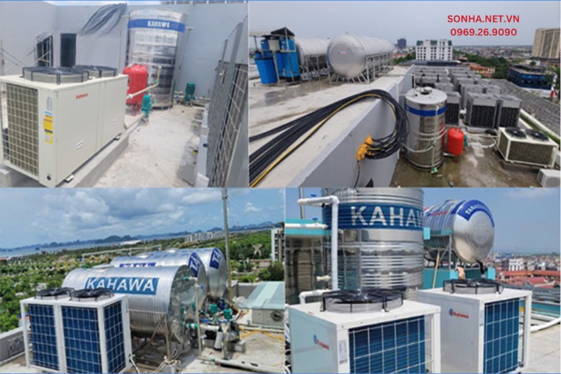 H&igrave;nh ảnh lắp đặt thực tế hệ thống bơm nhiệt Kahawa kh&aacute;ch sạn KX95E