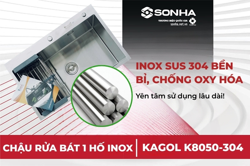 Bồn rửa chén bát Kagol K8050 được làm từ inox 304 cao cấp