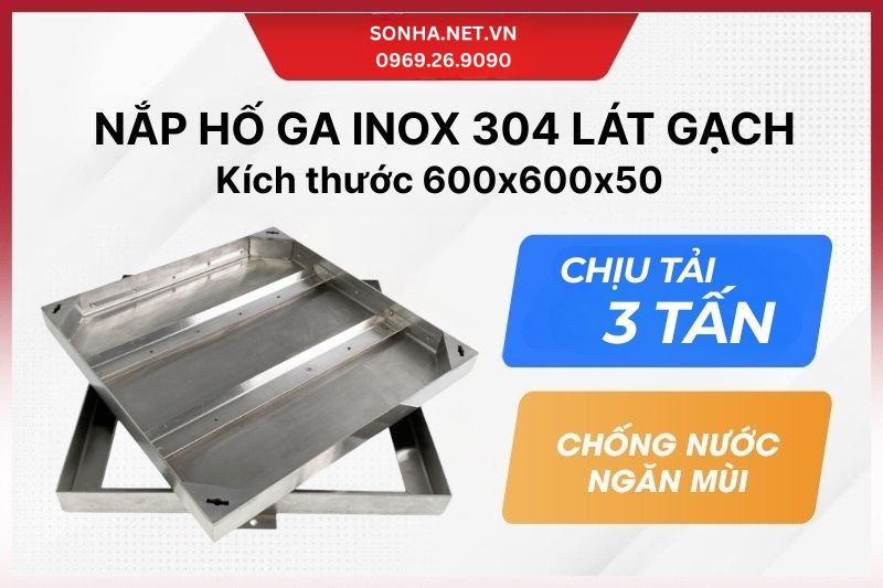 Nắp hố ga inox 304 bề mặt lát gạch - kích thước 600x600x50