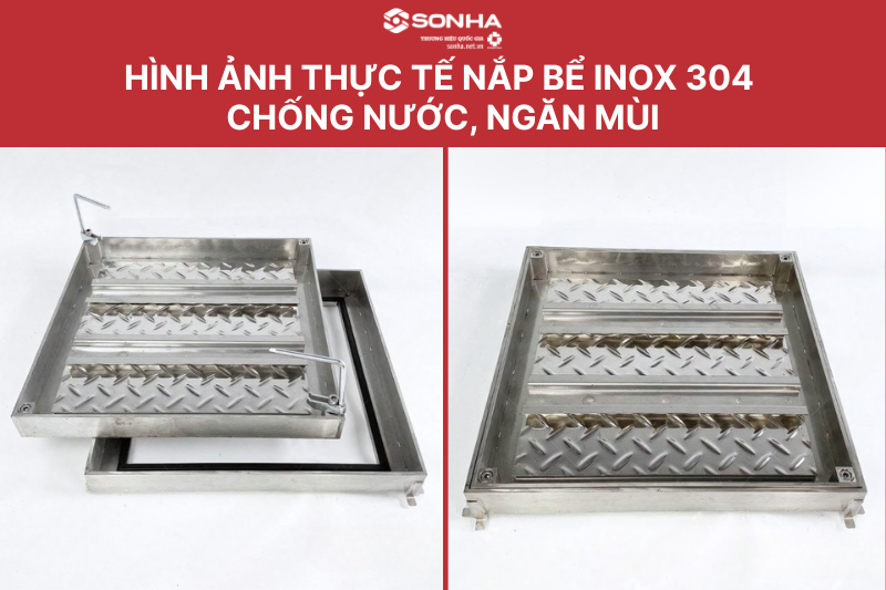 Hình ảnh lắp đặt thực tế của nắp hố ga inox 304 900x900x70, chịu tải 1.5 tấn