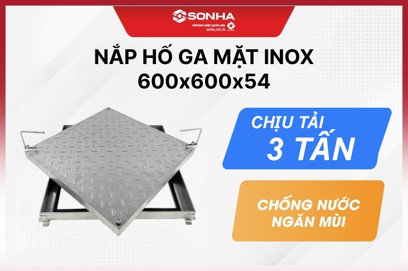 Nắp hố ga chống nước, ngăn mùi mặt inox 600x600x54 - chịu tải 3 tấn
