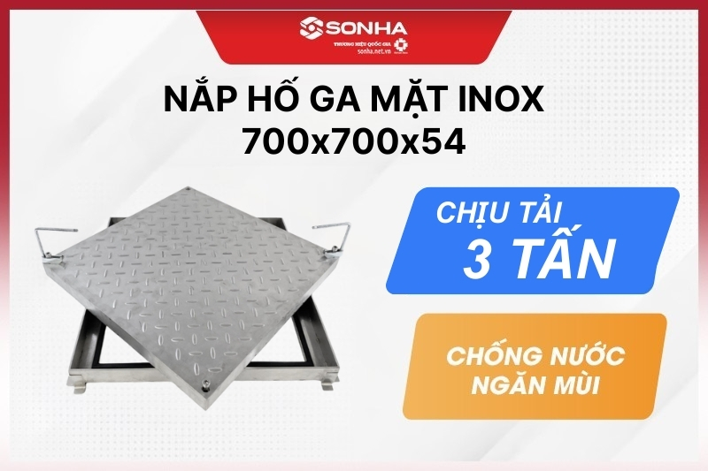 Nắp hố ga mặt inox 304 kích thước 700x700x54 - chịu tải 3 tấn