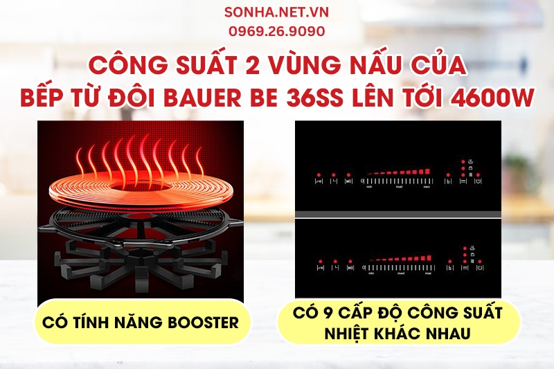 Bếp từ Bauer BE 36SS c&oacute; 2 v&ugrave;ng nấu với c&ocirc;ng suất l&ecirc;n tới 4600W