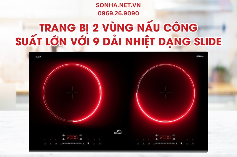 Bếp từ đôi Bauer BE 26MI Plus được trang bị 2 vùng nấu với 9 dải nhiệt