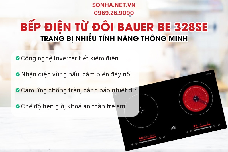 Bếp từ 2 vùng nấu Bauer BE 328SE được trang bị nhiều tính năng thông minh