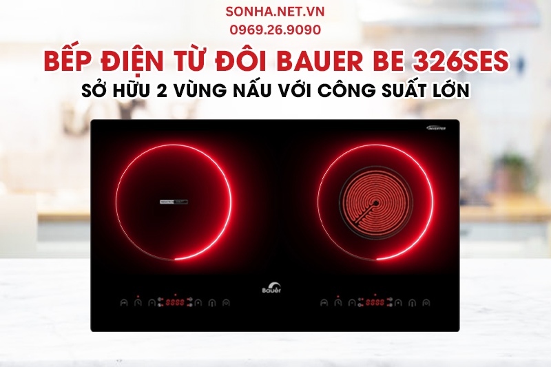 Bếp điện từ đôi Bauer BE 326SES sở hữu 2 vùng nấu với tổng công suất 4300W