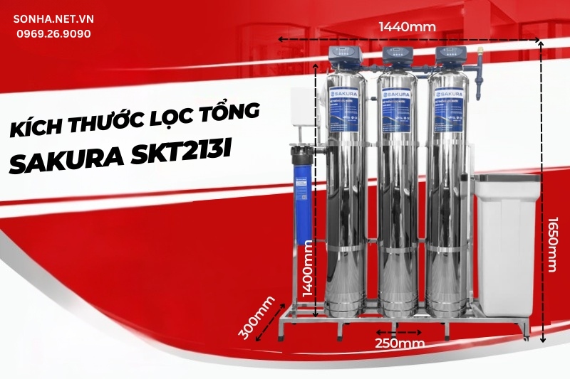 K&iacute;ch thước bộ lọc nước tổng đầu nguồn Sakura SKT213I