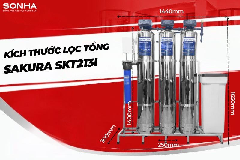 K&iacute;ch thước bộ lọc nước tổng đầu nguồn Sakura SKT213I