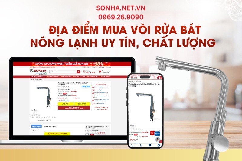 Mua vòi rửa bát nóng lạnh Kagol k67 inox dây rút tại Sơn Hà