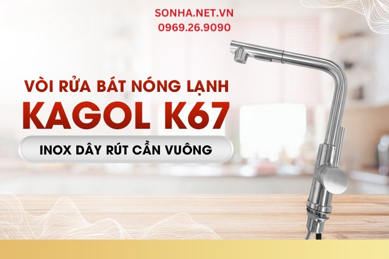 Vòi rửa bát nóng lạnh Kagol K67 inox dây rút cần vuông