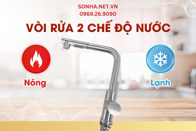 Vòi rửa bát Kagol K67 inox dây rút có 2 chế độ nóng lạnh linh hoạt