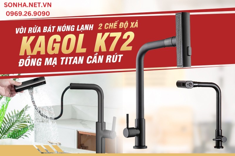 Vòi rửa bát nóng lạnh Kagol K72 đồng mạ titan cần rút, 2 chế độ xả giảm sốc