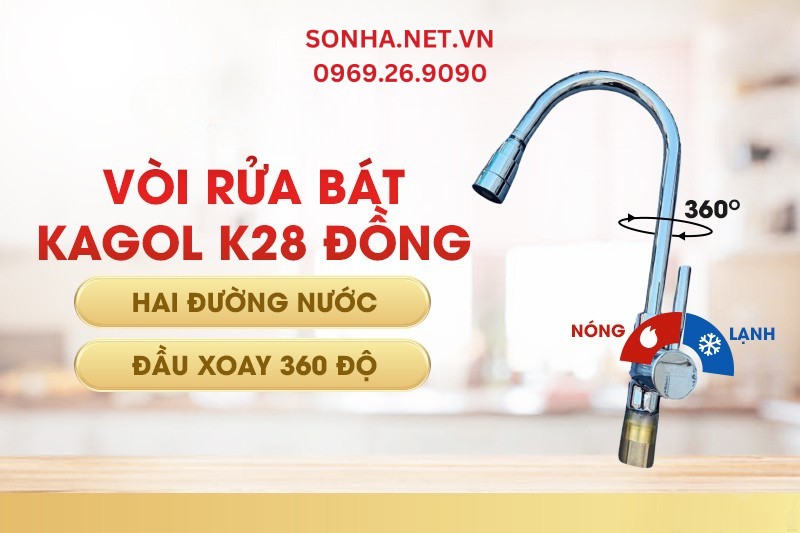 Vòi rửa bát Kagol K28 đồng mạ hai đường nước có đầu vòi xoay 360 độ giảm giá khủng