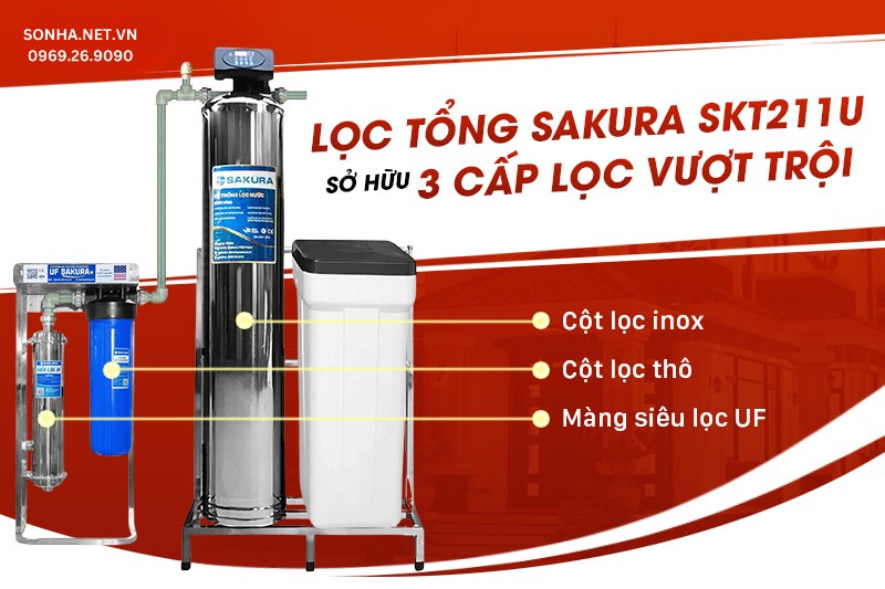Lọc tổng đầu nguồn Sakura SKT211U được trang bị 3 cấp lọc ưu việt