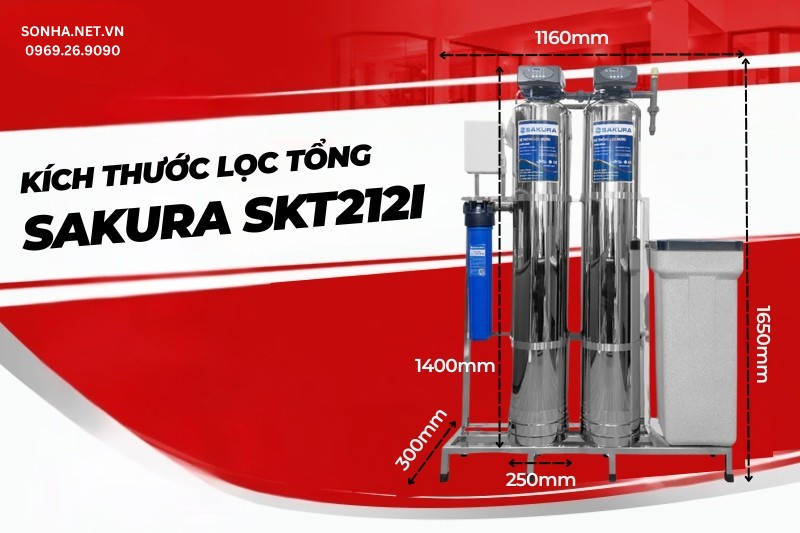 K&iacute;ch thước hệ thống lọc nước đầu nguồn van sục rửa tự động Sakura SKT212I