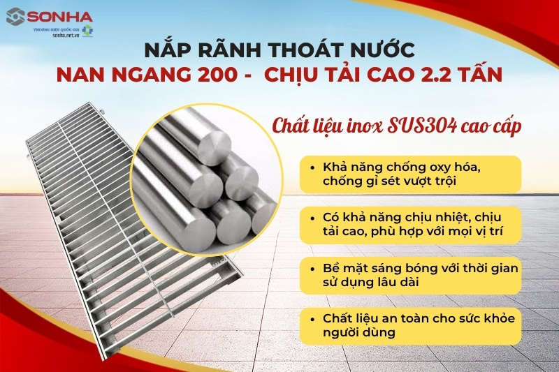 Tấm chắn thoát nước nan ngang 200 chịu tải 2.2 tấn được làm từ inox 304