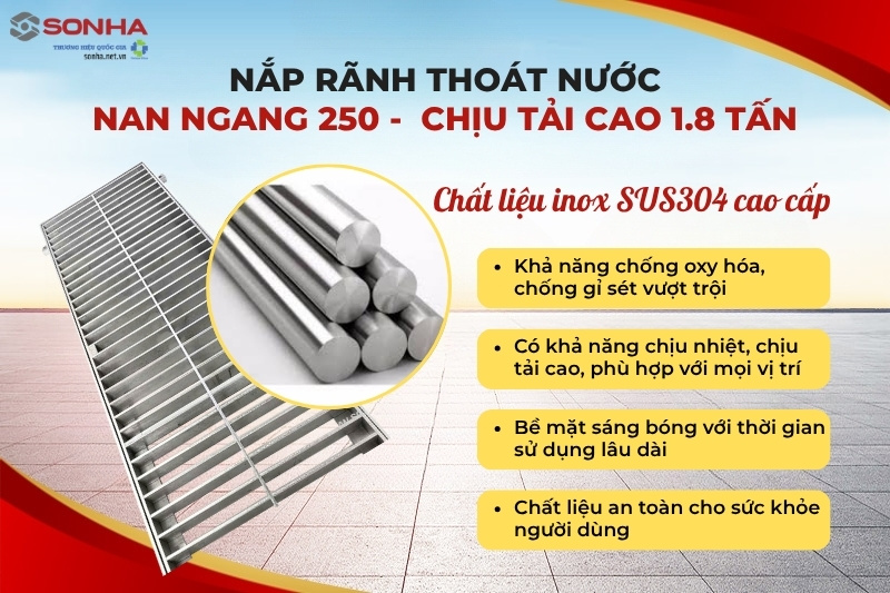 Nắp rãnh thoát nước được làm từ inox 304 cao cấp siêu bền bỉ