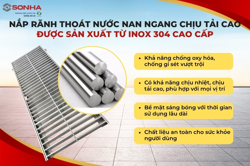 Nắp rãnh thoát nước nan ngang chịu tải cao được sản xuất từ inox 304 cao cấp