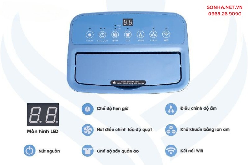 Máy hút ẩm Kosmen KM-20N bảng điều khiển cảm ứng hiện đại, hiển thị trực quan