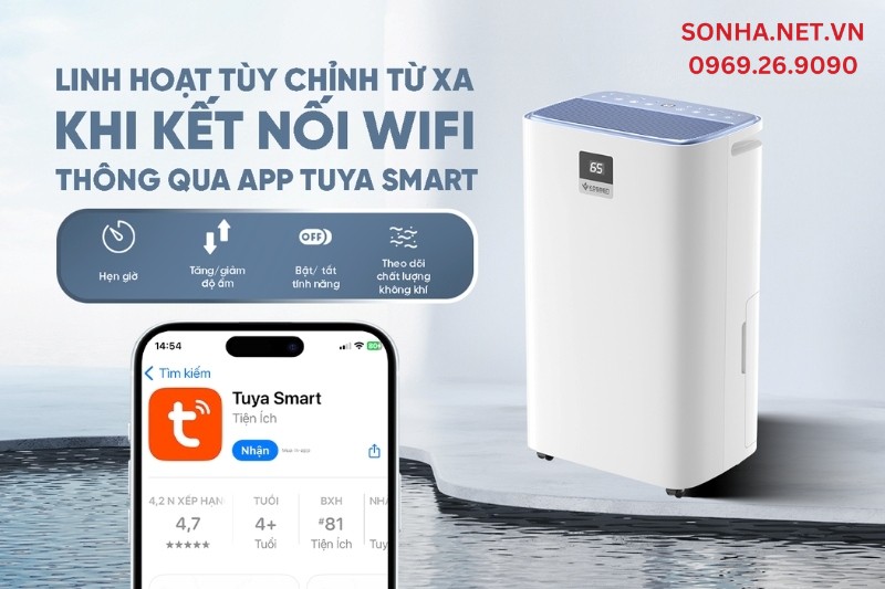T&iacute;nh năng kết nối wifi điều khiển từ xa qua app của m&aacute;y h&uacute;t ẩm lọc kh&ocirc;ng kh&iacute; Kosmen KM-30N