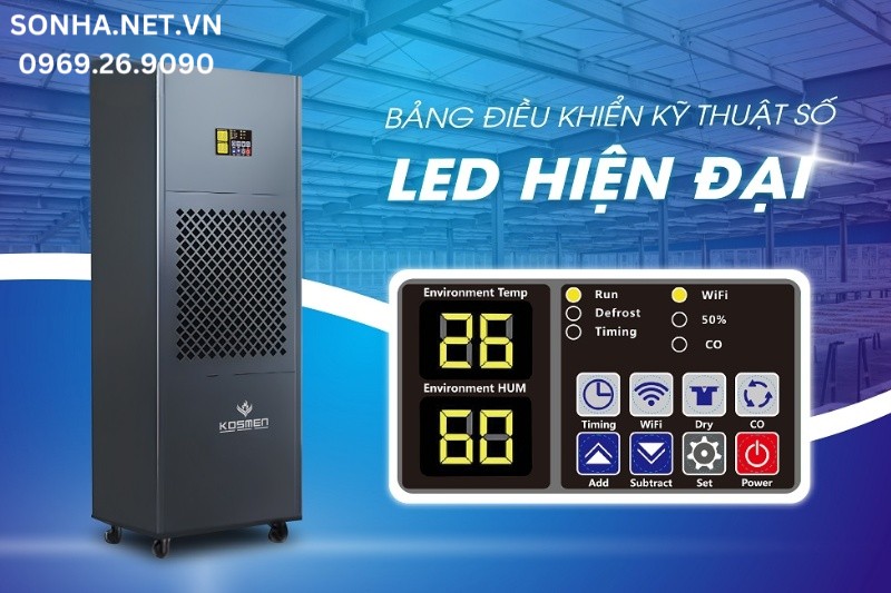 Máy hút ẩm công nghiệp KM-210S có bảng điều khiển màn hình LED hiện đại