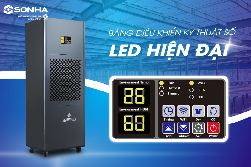 M&aacute;y h&uacute;t ẩm c&ocirc;ng nghiệp KM-210S c&oacute; bảng điều khiển m&agrave;n h&igrave;nh LED hiện đại