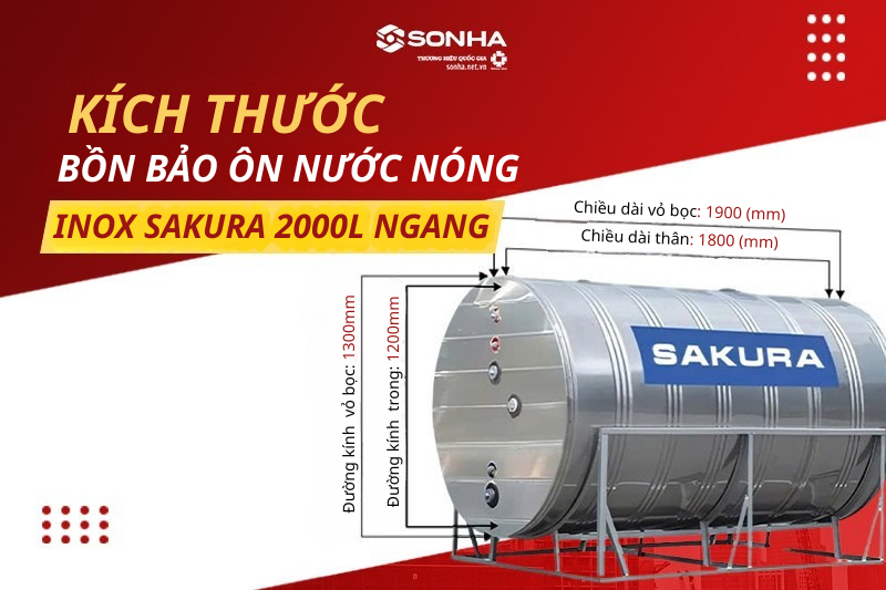 Kích thước tiêu chuẩn bình bảo ôn Sakura 2000L ngang