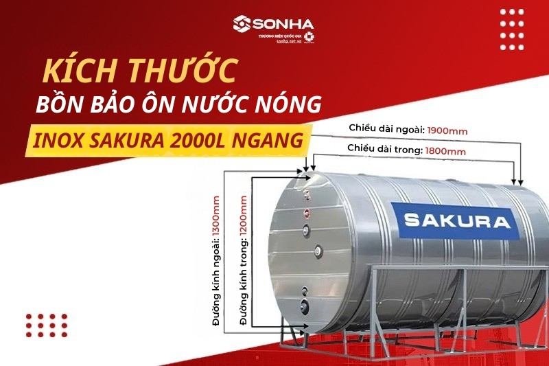Kích thước tiêu chuẩn bình bảo ôn Sakura 2000L ngang