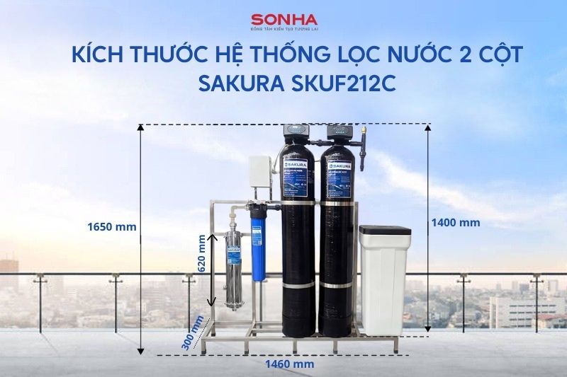 Th&ocirc;ng số k&iacute;ch thước hệ thống lọc tổng 2 cột Sakura SKUF212C