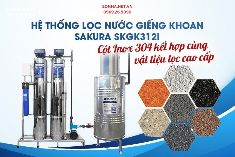 Sakura SKGK312I 2 Cột Inox 304 kết hợp c&ugrave;ng vật liệu lọc cao cấp