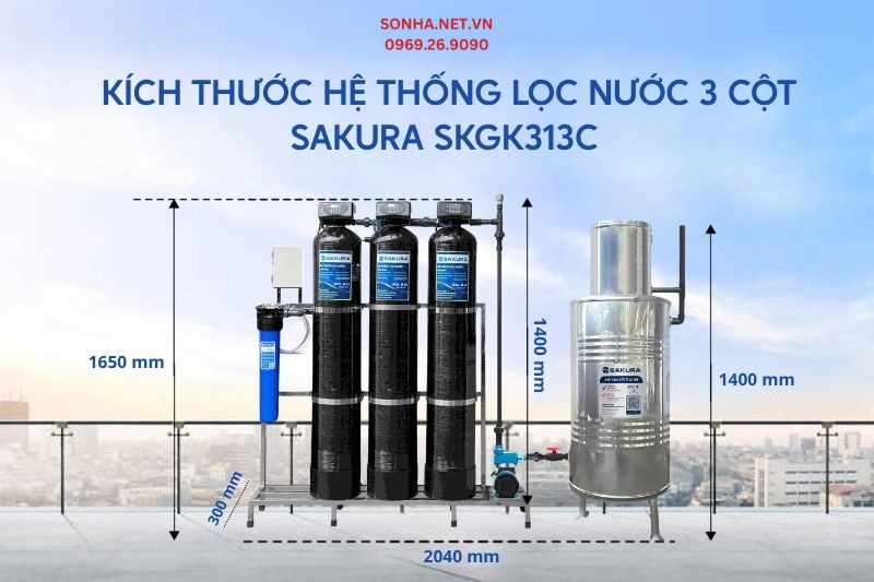 Kích thước hệ thống lọc nước giếng khoan Sakura SKGK313C