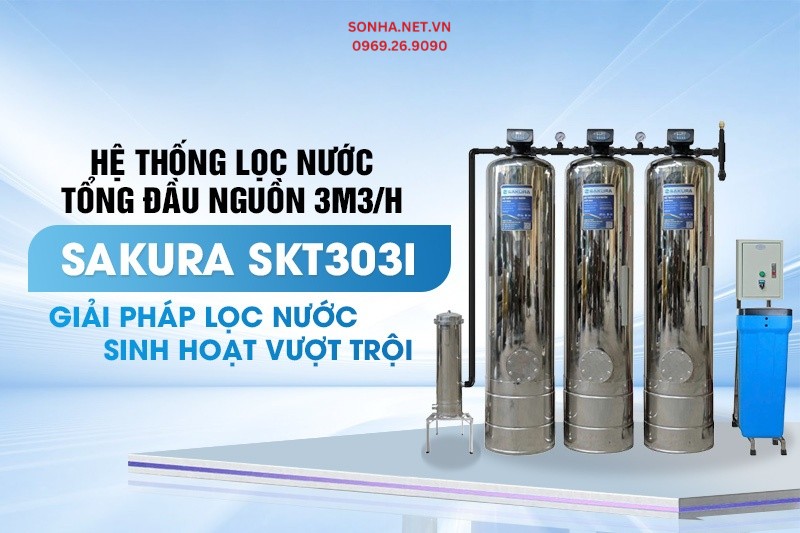Hệ thống lọc tổng đầu nguồn 3 cột inox áp lực tự động sục rửa Sakura SKT305I công suất 5m3/h
