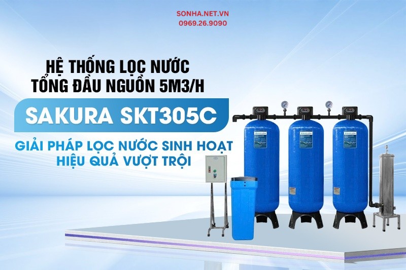 Hệ thống lọc tổng đầu nguồn 3 cột &aacute;p lực tự động sục rửa Sakura SKT305C c&ocirc;ng suất 5m3/h