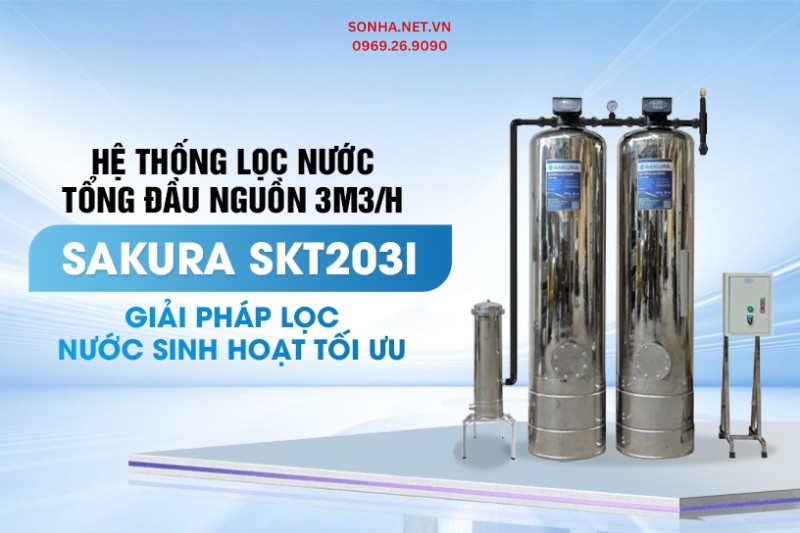 Bộ lọc tổng đầu nguồn 2 cột inox 304 động sục rửa Sakura SKT203I c&ocirc;ng suất 3m3/h