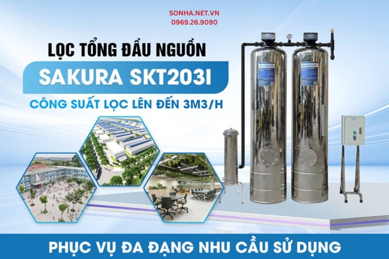 Lọc tổng Sakura SKT203I được thiết kế với c&ocirc;ng suất lọc lớn l&ecirc;n tới 3m3/h
