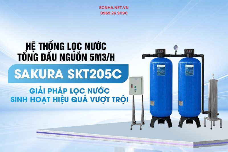 Hệ thống lọc tổng đầu nguồn 2 cột &aacute;p lực tự động sục rửa Sakura SKT205C c&ocirc;ng suất 5m3/h