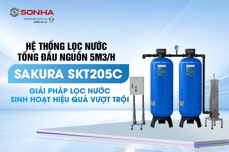 Hệ thống lọc tổng đầu nguồn 2 cột áp lực tự động sục rửa Sakura SKT205C công suất 5m3/h