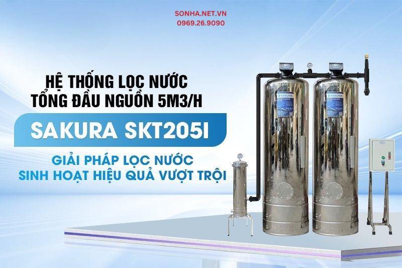 Bộ lọc tổng đầu nguồn 2 cột inox 304 động sục rửa Sakura SKT205I c&ocirc;ng suất 5m3/h