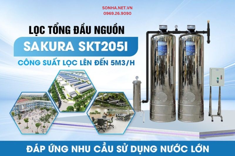 Lọc tổng Sakura SKT205I được thiết kế với c&ocirc;ng suất lọc lớn l&ecirc;n tới 5m3/h