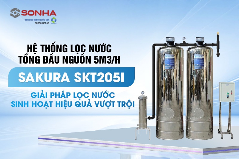 Bộ lọc tổng đầu nguồn 2 cột inox 304 động sục rửa Sakura SKT205I công suất 5m3/h