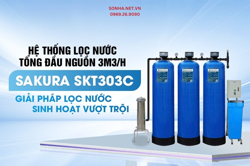 Lọc tổng đầu nguồn 3 cột áp lực tự động sục rửa Sakura SKT303C công suất 3m3/h
