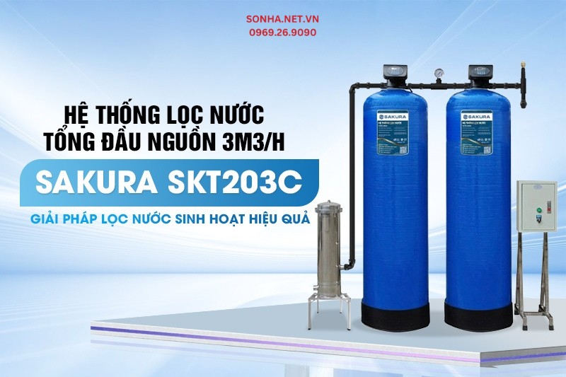 Hệ thống lọc tổng đầu nguồn 2 cột &aacute;p lực tự động sục rửa Sakura SKT203C c&ocirc;ng suất 3m3/h