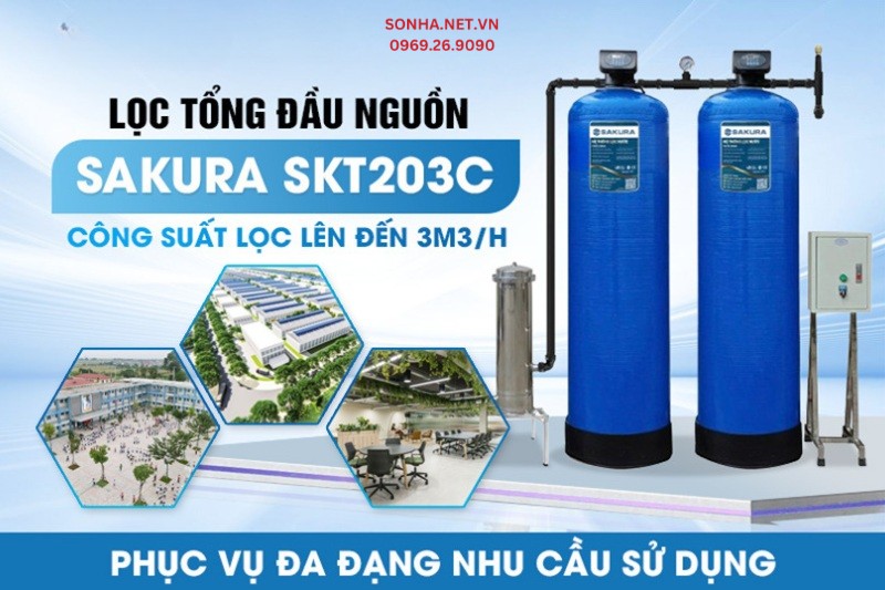 Lọc tổng Sakura SKT203C được thiết kế với c&ocirc;ng suất lọc lớn l&ecirc;n tới 3m3/h