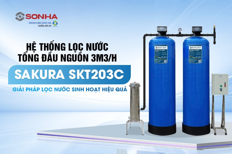 Hệ thống lọc tổng đầu nguồn 2 cột áp lực tự động sục rửa Sakura SKT203C công suất 3m3/h