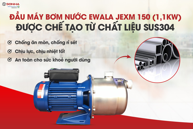 Đầu m&aacute;y bơm Ewala JEXM 150 (1,1kW - 1,5HP) được sản xuất từ inox 304