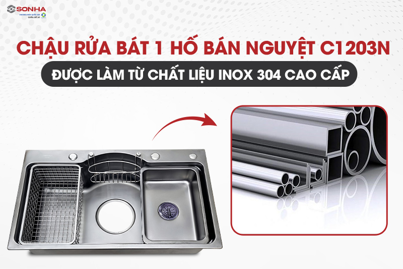 Chậu b&aacute;n nguyệt Cielo C1203N được l&agrave;m từ inox 304 cao cấp, d&agrave;y dặn
