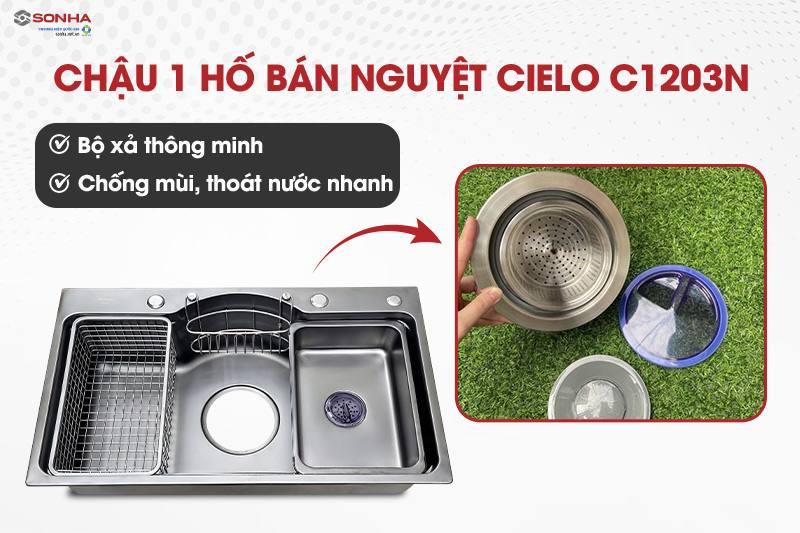 Chậu rửa b&aacute;t 1 hố b&aacute;n nguyệt Cielo được trang bị bộ xả th&ocirc;ng minh