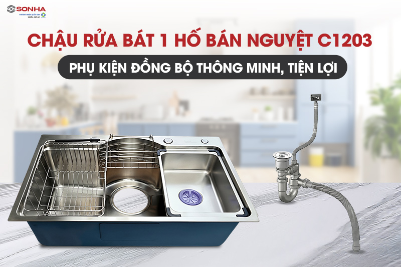 Chậu rửa b&aacute;t b&aacute;n nguyệt C1203 sở hữu bộ phụ kiện th&ocirc;ng minh, tiện dụng