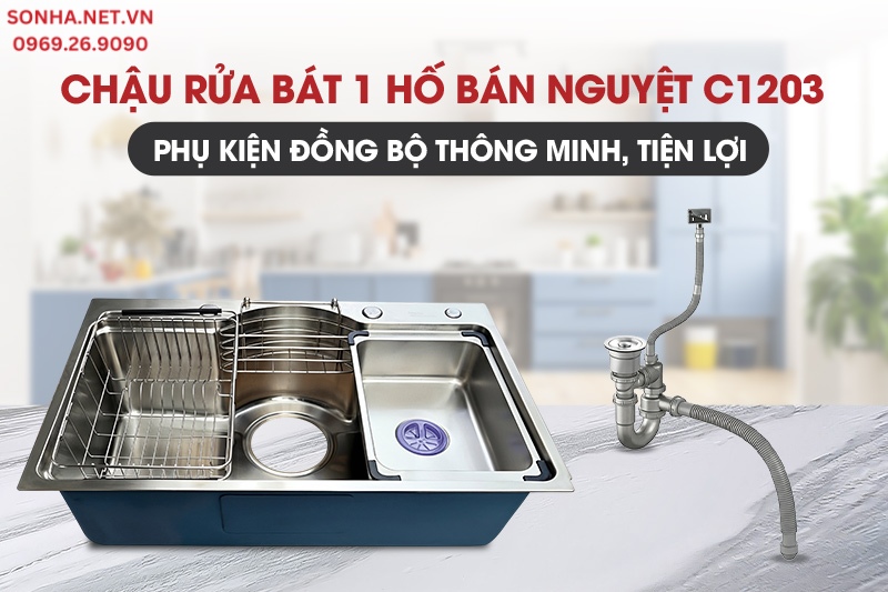 Chậu rửa bát bán nguyệt C1203 sở hữu bộ phụ kiện thông minh, tiện dụng