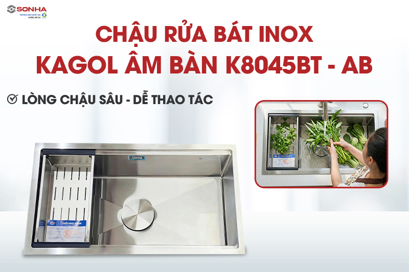 Chậu &acirc;m b&agrave;n 1 hố Kagol K8045BT-AB sở hữu l&ograve;ng chậu s&acirc;u, tiện dụng